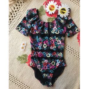 Retro Floral Girl's Short Sleeve 1pc Swimsuit